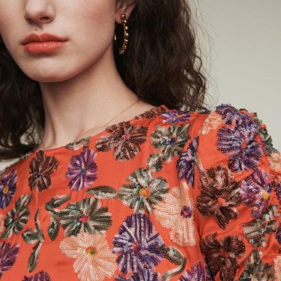 Maje Robe Brodée De Sequins Dress Coral Size 2 - Picture 3 of 11